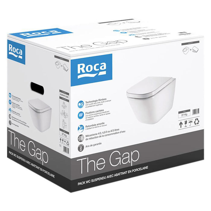 ROCA Pack Cuvette WC suspendue THE GAP sans bride avec abattant frein chute