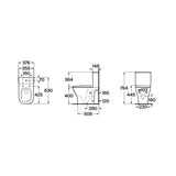 Plan technique WC blanc Grohe, toilette suspendu, dimensions détaillées visibles.