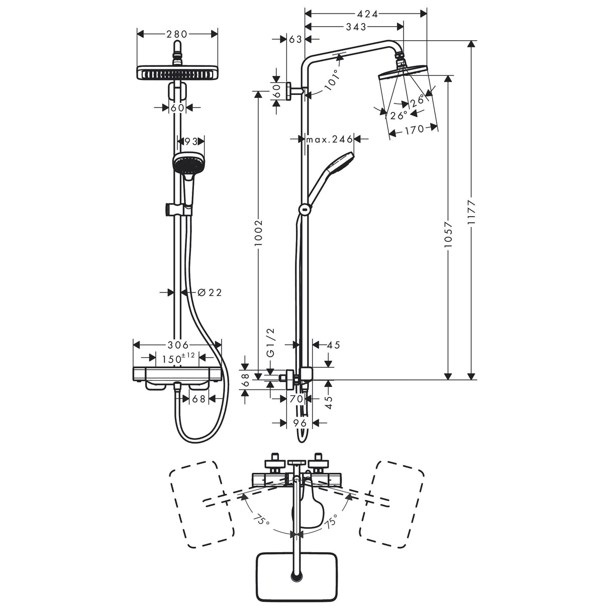 HANSGROHE Colonne de douche 280 1 jet Croma Select E Ecosmart avec mitigeur thermostatique 27660000