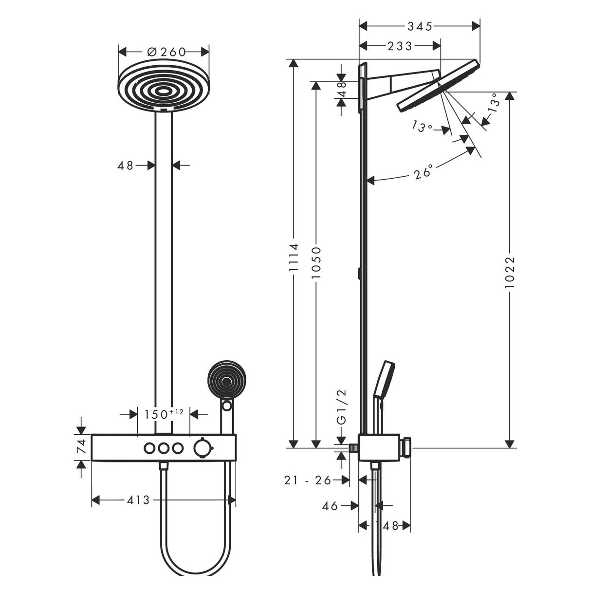 HANSGROHE Colonne de douche 260 2 jets Pulsify S EcoSmart avec mitigeur thermostatique 24241000