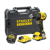 Perceuse-visseuse sans fil Stanley jaune et noire avec batteries et coffret.