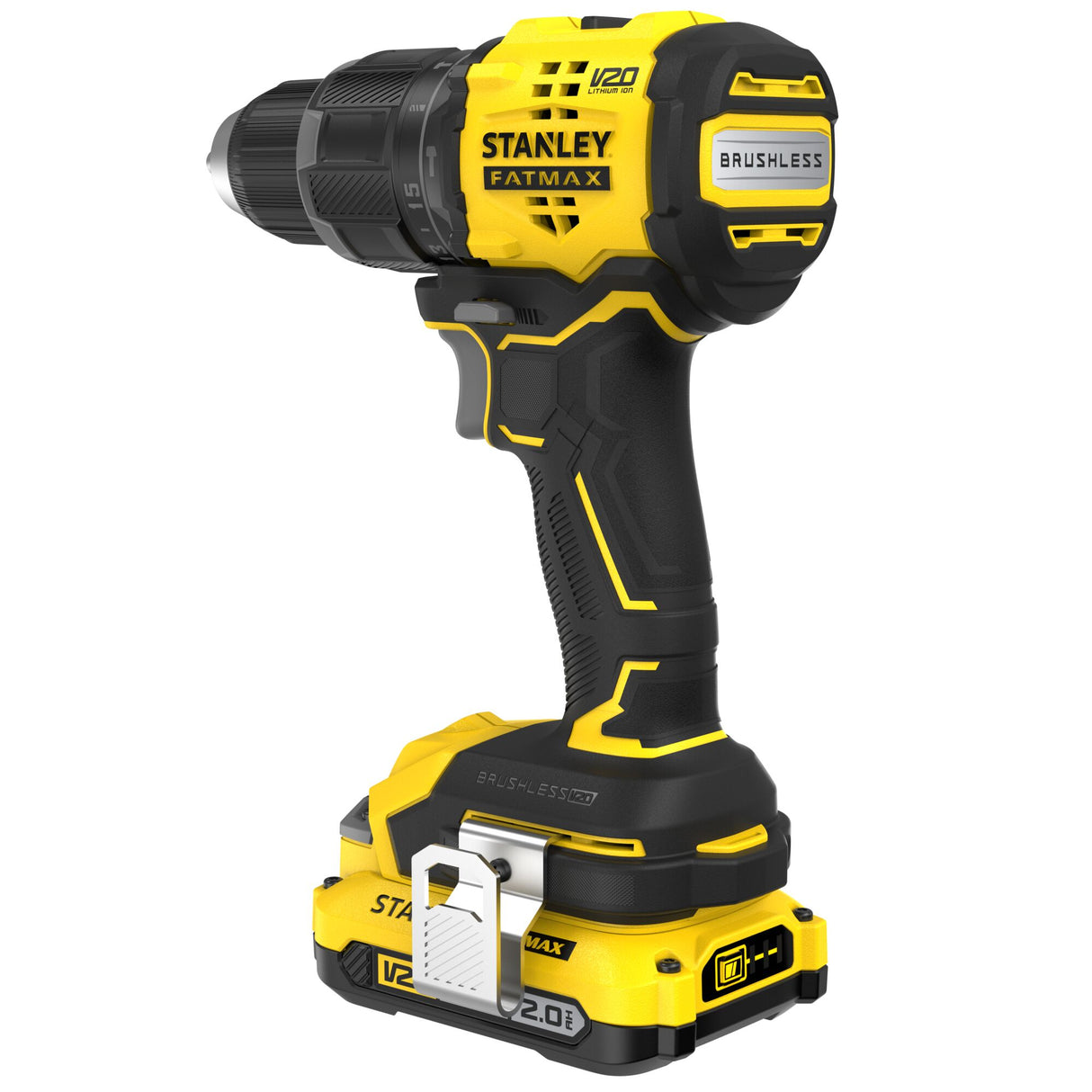 Perceuse visseuse sans fil Stanley Fatmax, jaune et noire, brushless, V20 lithium.