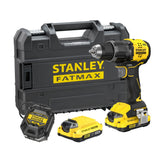 Perceuse sans fil Stanley FATMAX, couleur jaune et noire, avec coffret et accessoires.