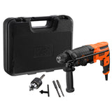 Perforateur burineur Black+Decker, outil électrique orange et noir avec boîte et accessoires.