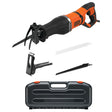 Scie sabre Black+Decker, électroportatif, noire et orange, avec lames et mallette.