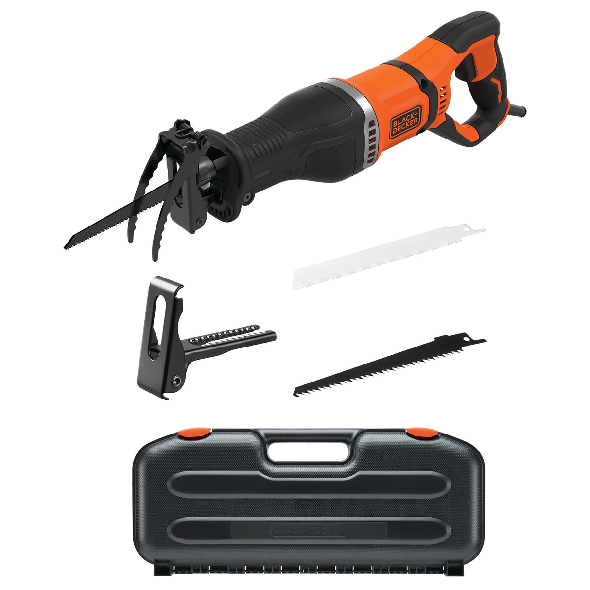 Scie sabre Black+Decker, électroportatif, noire et orange, avec lames et mallette.