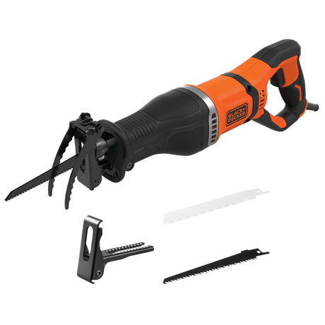 Scie sabre Black+Decker orange et noire, outillage électrique avec lames de rechange