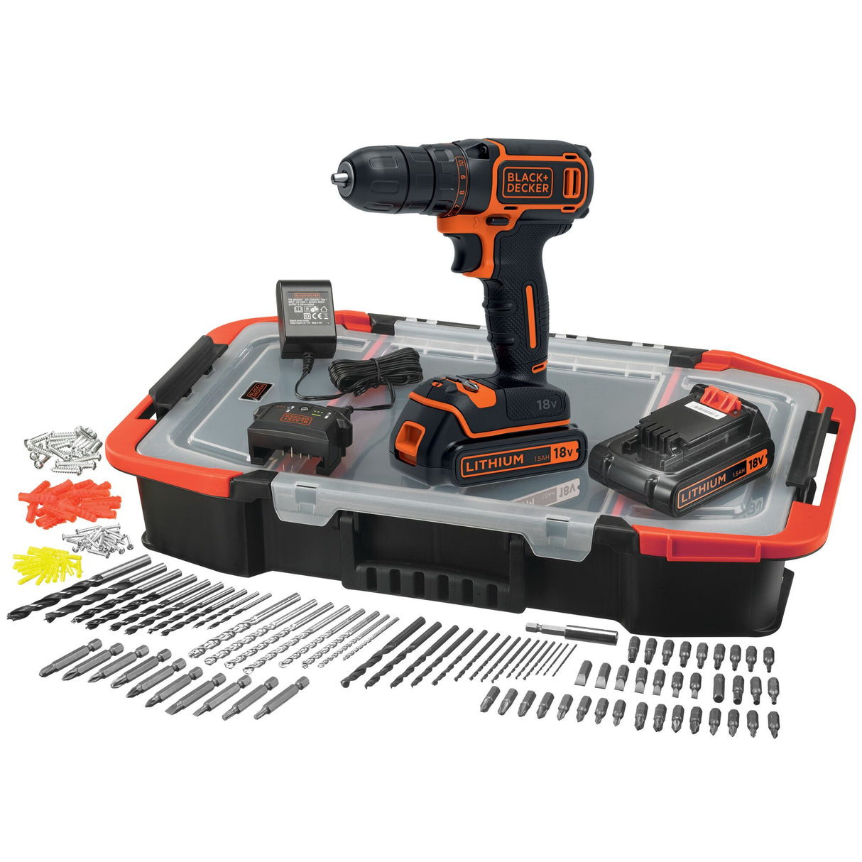 Perceuse-visseuse Black+Decker noire et orange, avec coffret, accessoires et batterie 18V.
