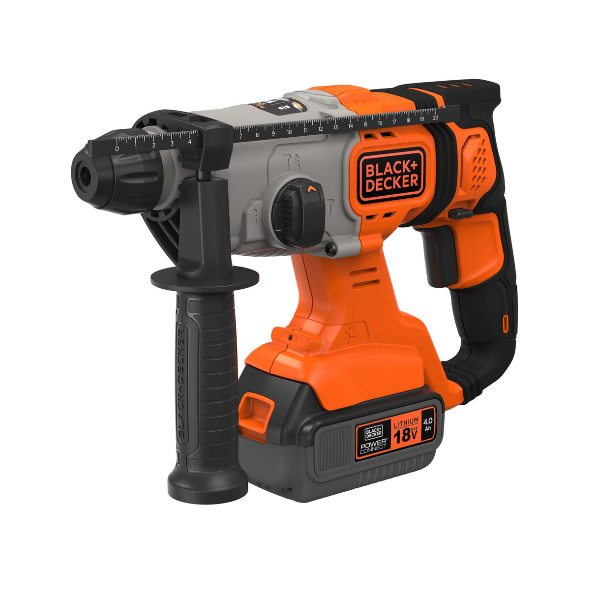 Perforateur sans fil BLACK+DECKER, orange et noir, outil électroportatif 18V lithium.