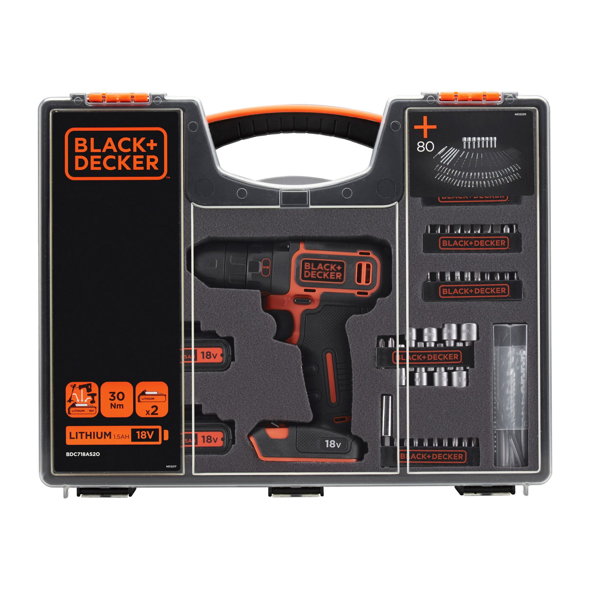 Perceuse Black+Decker sans fil 18V noire et orange avec coffret accessoires.