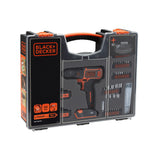 Perceuse visseuse BLACK+DECKER 18V, couleur noire et orange, avec coffret d’accessoires.