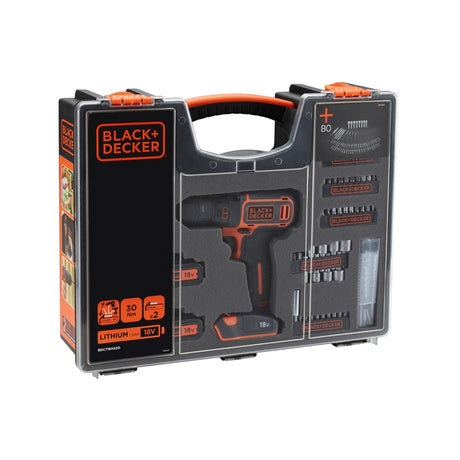 Perceuse visseuse BLACK+DECKER 18V, couleur noire et orange, avec coffret d’accessoires.