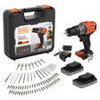 Perceuse sans fil Black+Decker noire et orange avec accessoires, coffret et batteries 18V.