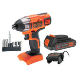 Visseuse à percussion Black+Decker orange et noire avec batterie 18V et accessoires
