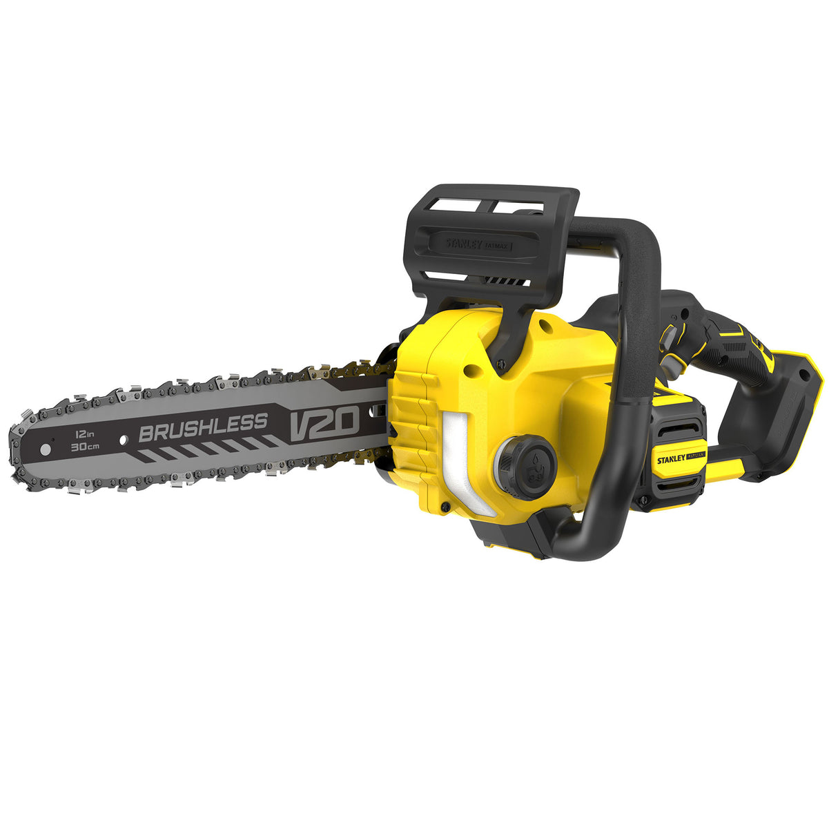 Tronçonneuse Stanley V20 électrique jaune et noire avec guide-chaîne de 30 cm