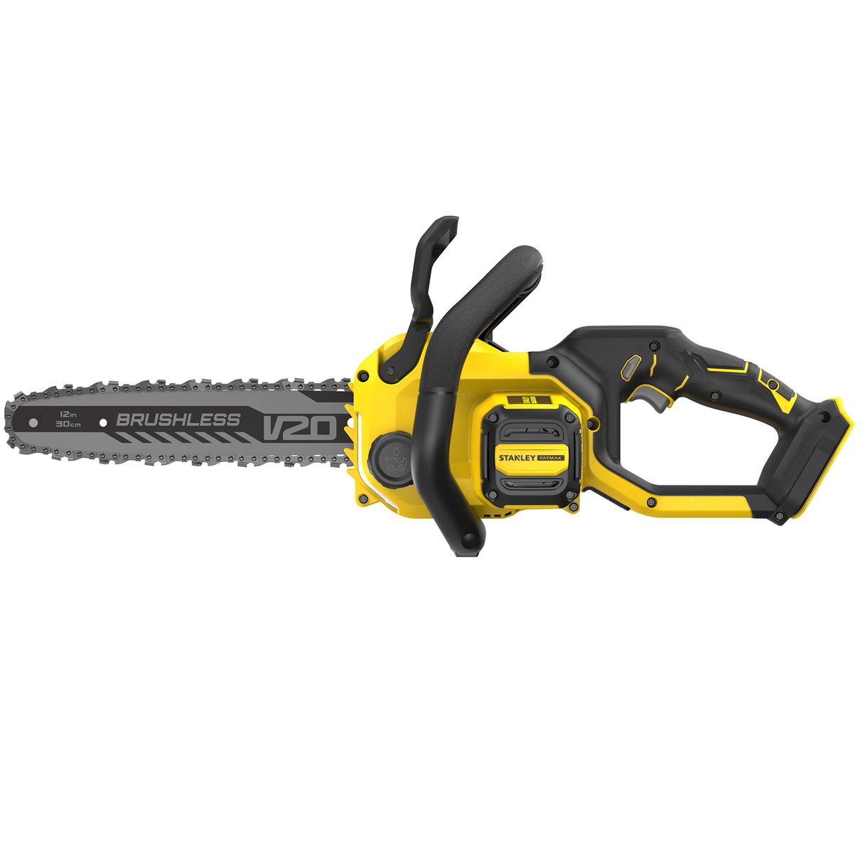 Tronçonneuse Stanley sans fil, type outil de jardin, couleur jaune et noire.