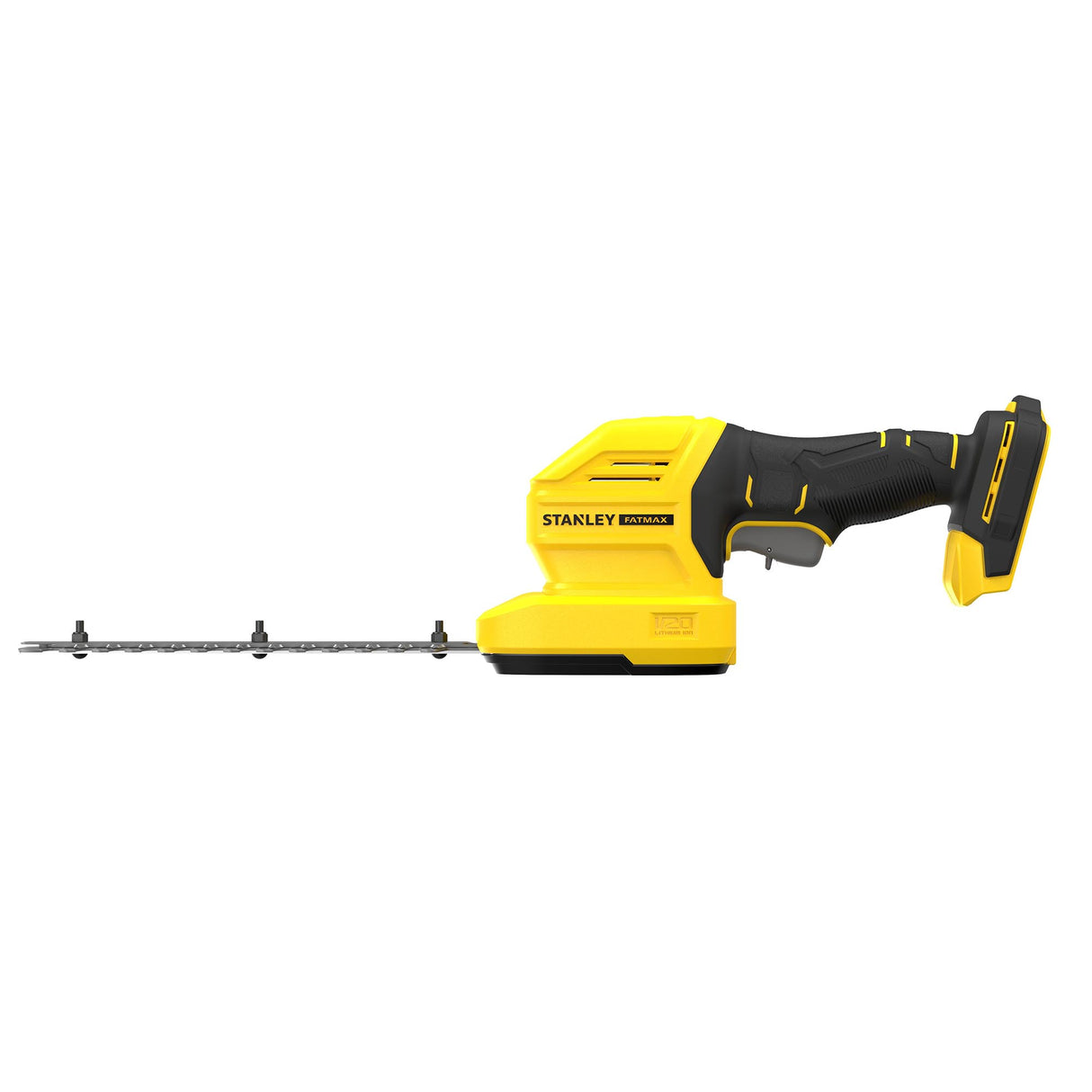 Taille-haie Stanley sans fil, jaune et noir, type outillage électroportatif.
