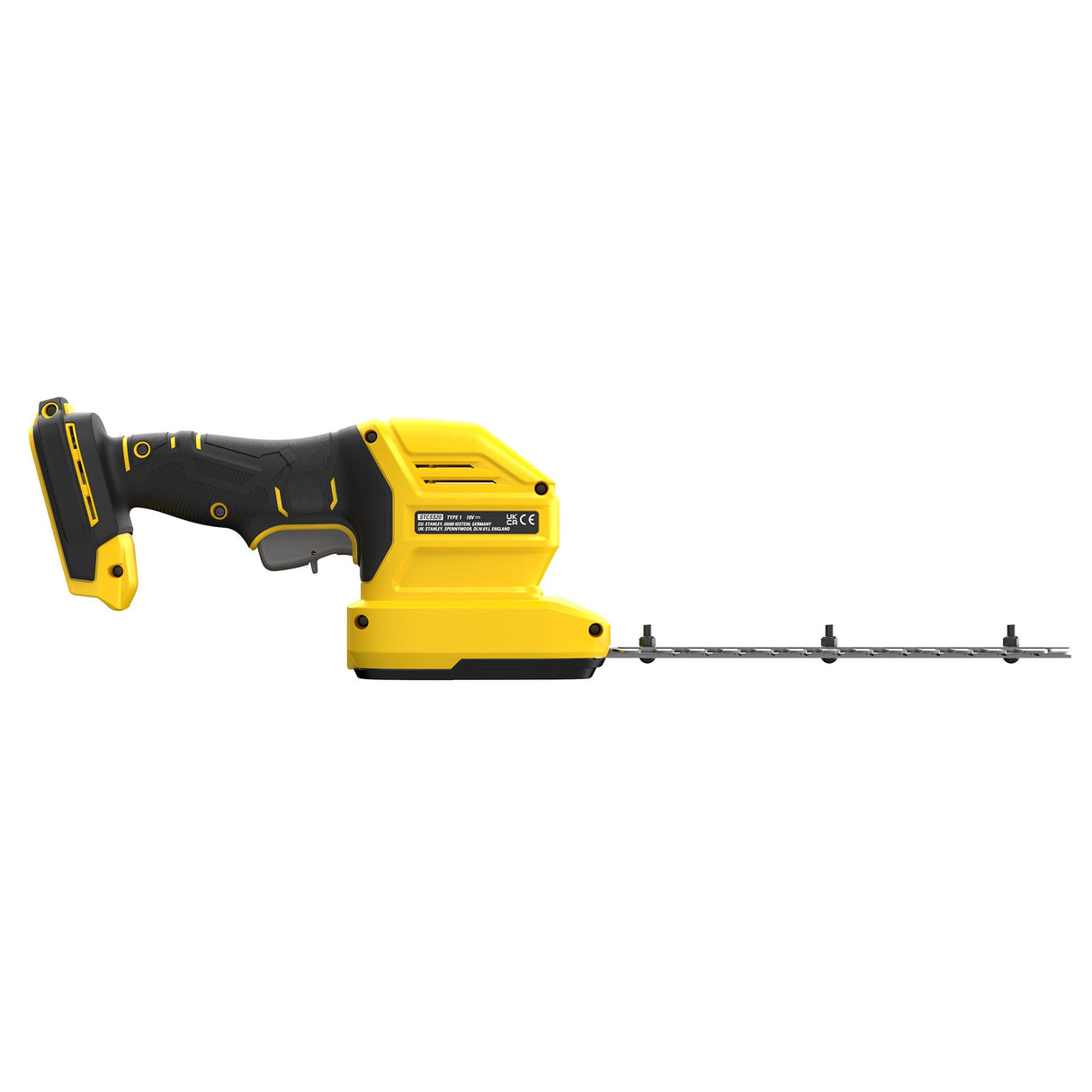 Taille-haie sans fil, marque Ferrex, couleur jaune et noir, outil de jardinage électrique.