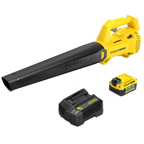 Souffleur Stanley, outil de jardin jaune et noir avec batterie et chargeur.