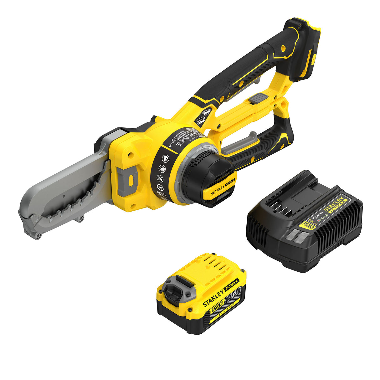 Tronçonneuse sans fil Stanley, outil électrique jaune et noir avec batterie et chargeur