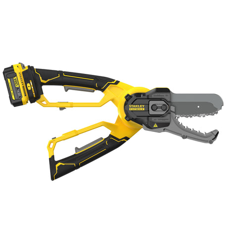 Scie à chaîne Stanley FATMAX, outillage électrique jaune et noir.