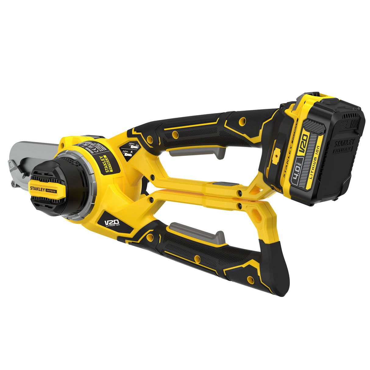 Scie sans fil Stanley, outil électroportatif jaune et noir.