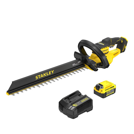 Taille-haie Stanley jaune et noir avec batterie et chargeur, outil électrique de jardin.