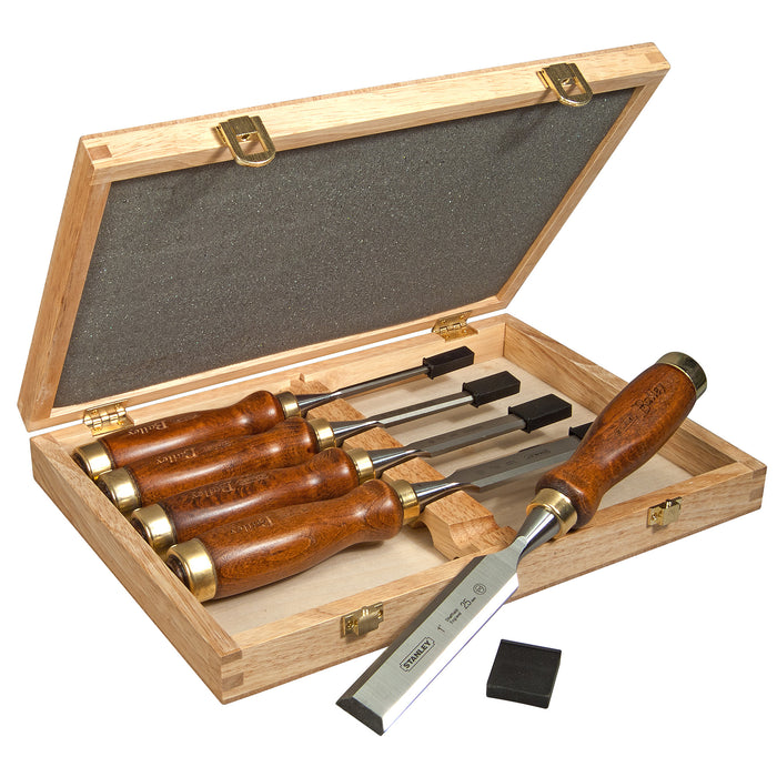 Coffret de 5 Ciseaux à Bois - Manche en bois Vernis - Lame en Acier Chromé - STANLEY, 2-16-217