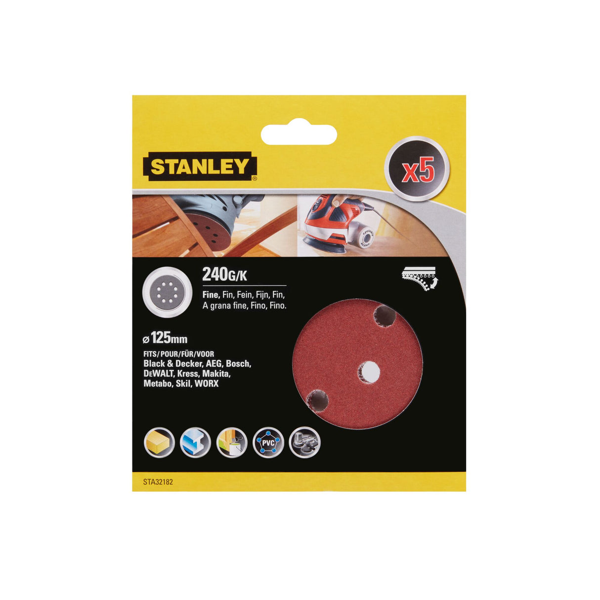 STANLEY 5 disques abrasifs corindons qualité supérieure anti encrassement grain 240 STA32182-XJ