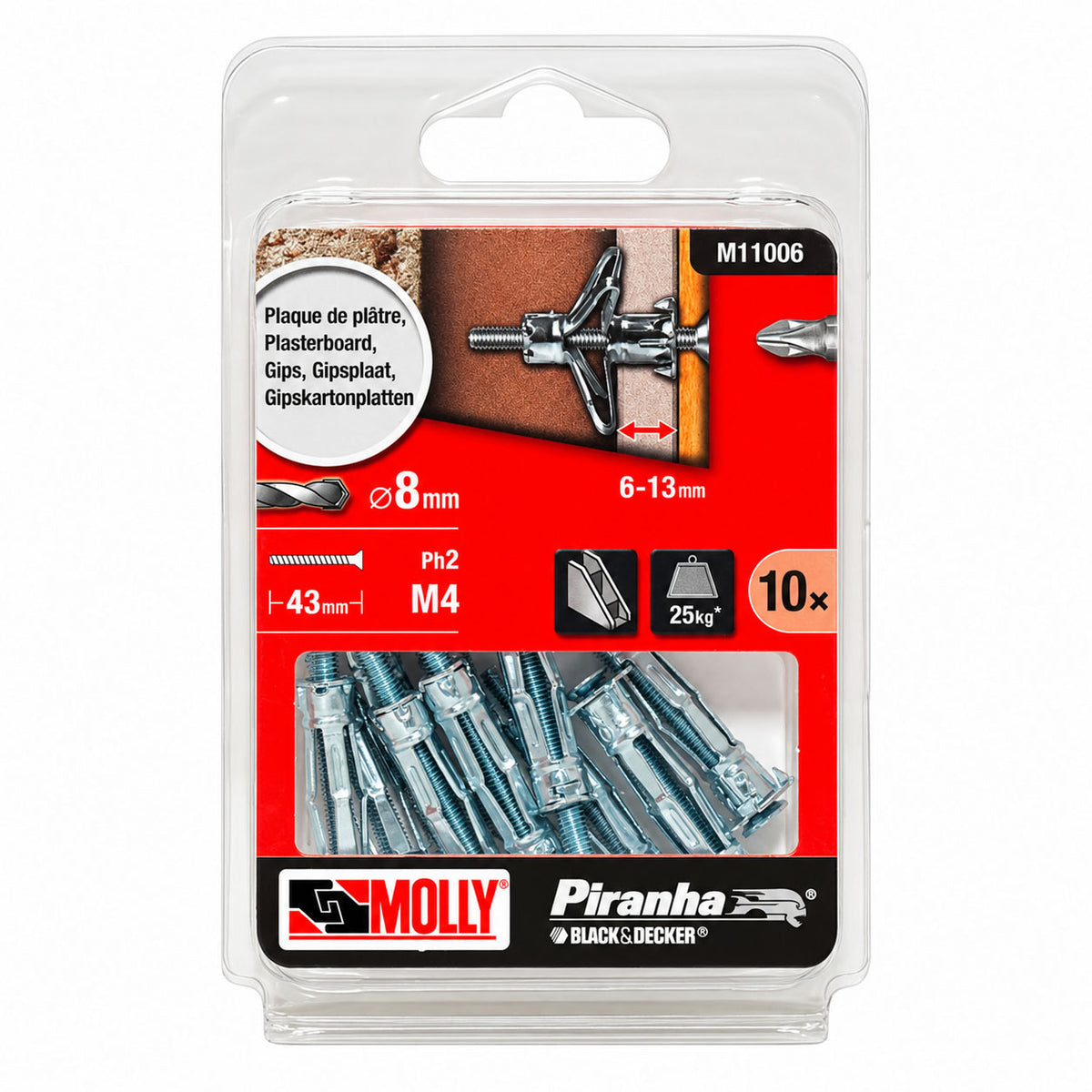 Molly 10 Chevilles métalliques à expansion Ø 4 x 33 mm avec vis M4 à tête fraisée