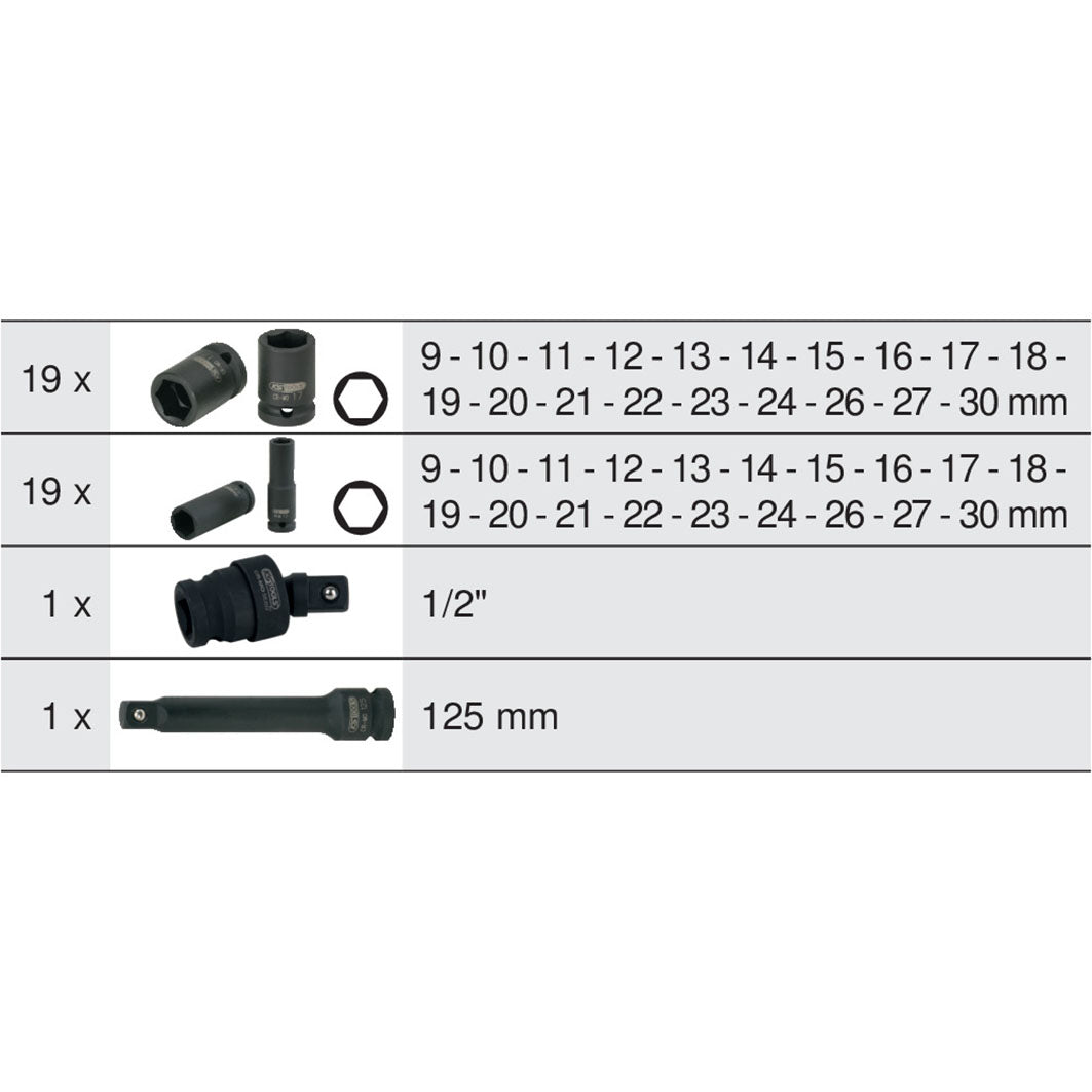 KS TOOL Coffret de douilles à chocs 1/2"" courtes et longues 40 pièces 515.0065