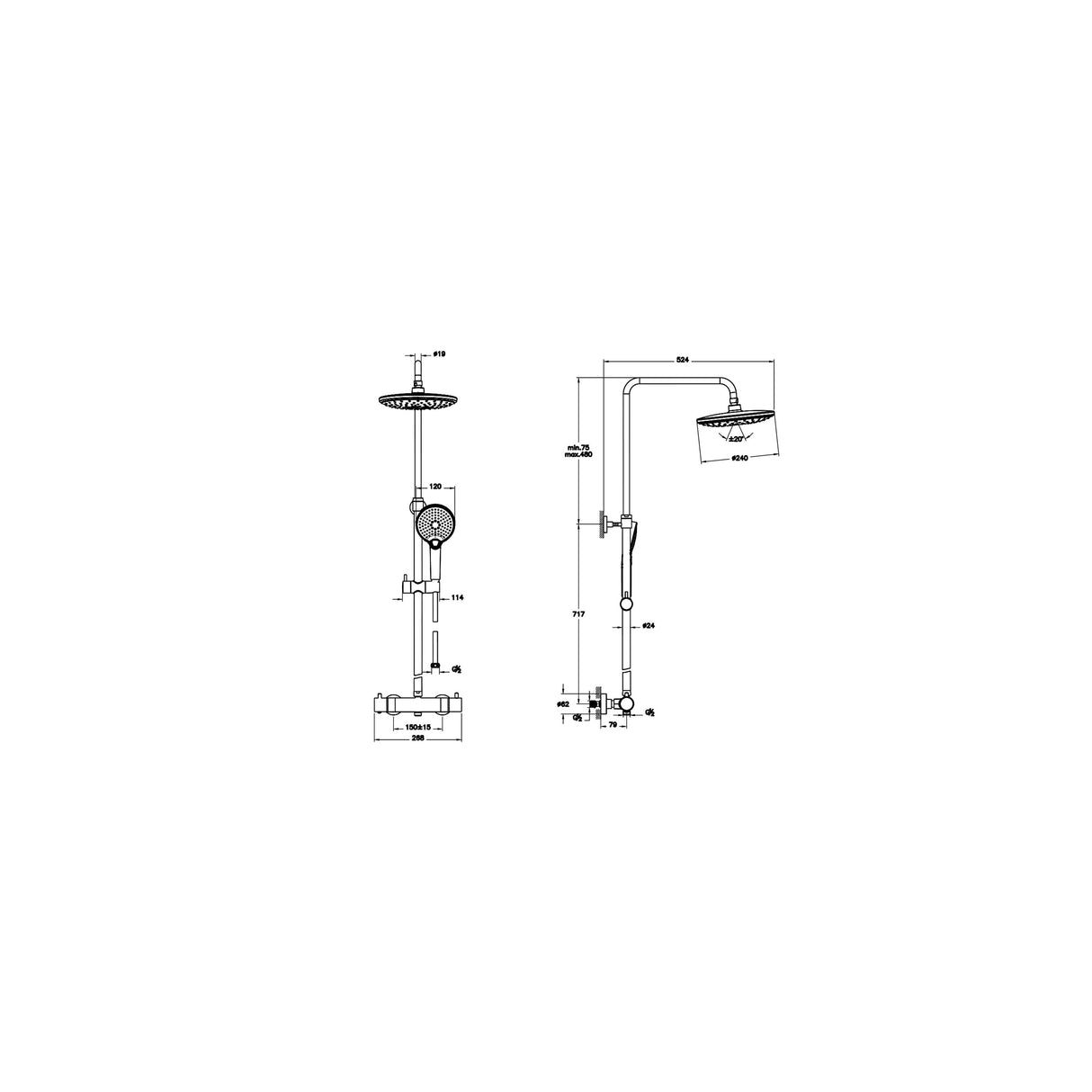 VitrA AquaHeat Bliss 240 2F colonne de douche chromé avec mitigeur thermostatique et pomme de tête pluie ronde