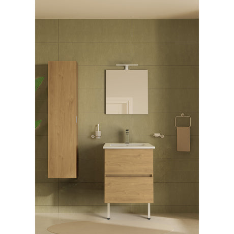 Meuble salle de bain Salgar, type colonne et vasque, couleur bois clair.