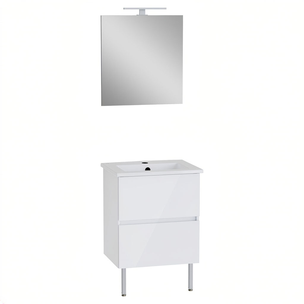 Meuble de salle de bain blanc avec miroir, marque inconnue, design moderne.