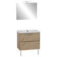 Meuble salle de bain bois clair avec lavabo blanc, miroir et deux tiroirs, marque inconnue