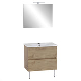 Meuble salle de bain bois clair avec lavabo blanc, miroir et deux tiroirs, marque inconnue