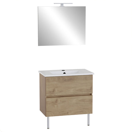 Meuble salle de bain bois clair avec lavabo blanc, miroir et deux tiroirs, marque inconnue