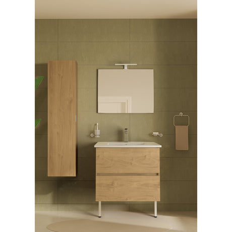 Meuble de salle de bain couleur bois naturel, vasque et miroir, marque Royo.