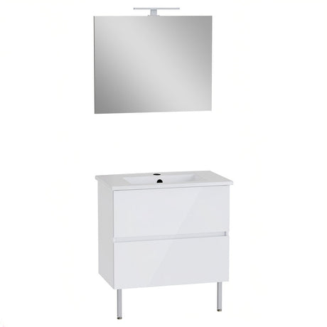 Meuble de salle de bain blanc avec miroir, marque Sanindusa, moderne et épuré.