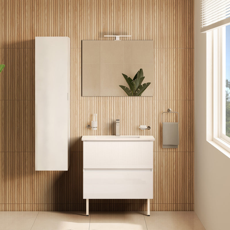 Ensemble meuble salle de bain blanc, marque Royo, avec miroir et rangement, design moderne.