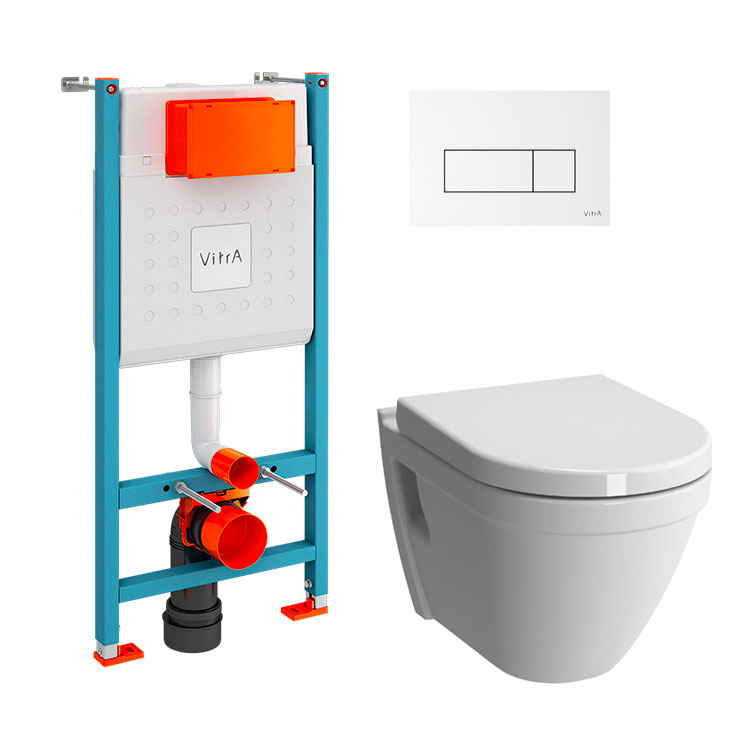 Pack WC suspendu VitrA blanc avec bâti-support, plaque de commande et cuvette murale.