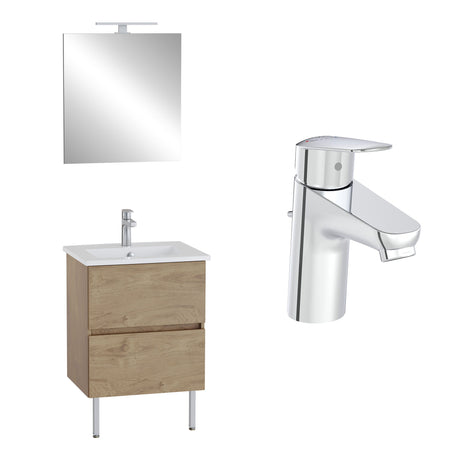 Mitigeur chromé Grohe, meuble vasque bois clair et miroir carré, ensemble salle de bain moderne.
