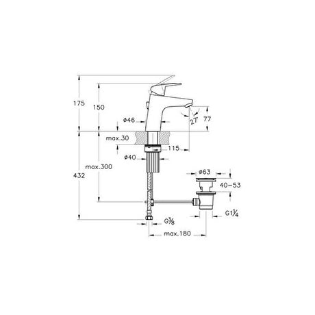 Mitigeur lavabo chromé Grohe, schéma technique avec dimensions détaillées.
