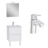 Mitigeur chrome Grohe, robinet de salle de bain, blanc, moderne, meuble vasque, miroir.