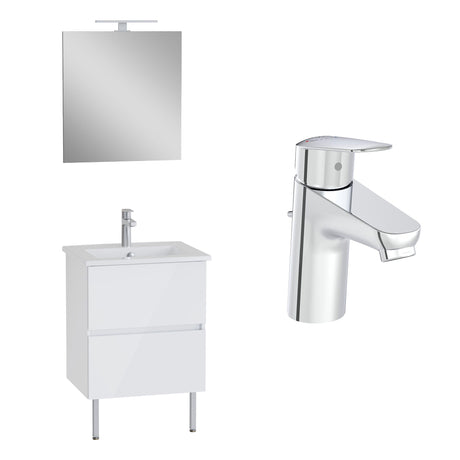 Mitigeur chrome Grohe, robinet de salle de bain, blanc, moderne, meuble vasque, miroir.