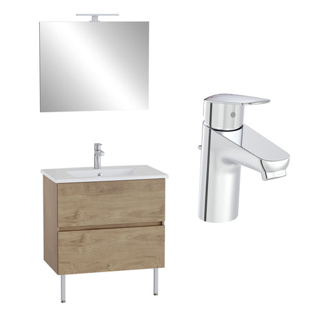 Mitigeur Grohe lavabo chromé, meuble vasque bois, miroir, ensemble salle de bain moderne