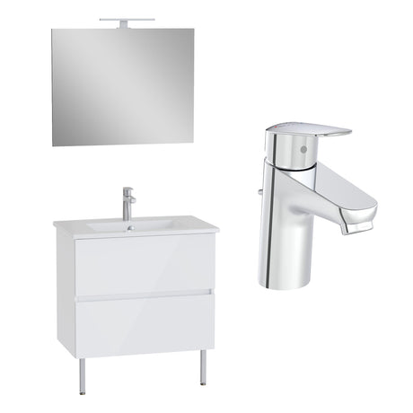 Robinet Grohe chromé, meuble de salle de bain blanc, miroir rectangulaire, ensemble sanitaire moderne