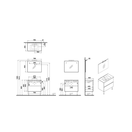 Plan technique meuble sous-vasque blanc marque Jacob Delafon, dimensions détaillées en mm.