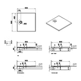 Receveur de douche blanc marque Vitra, carré 90x90 cm, plans techniques détaillés.