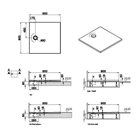 Receveur de douche blanc marque Vitra, carré 90x90 cm, plans techniques détaillés.